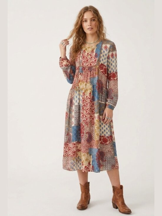 Zara Dresses & Skirts - ZARA Boho Patchwork Midi Dress Sz XS Paisley Floral Prairie Cottagecore Folklore